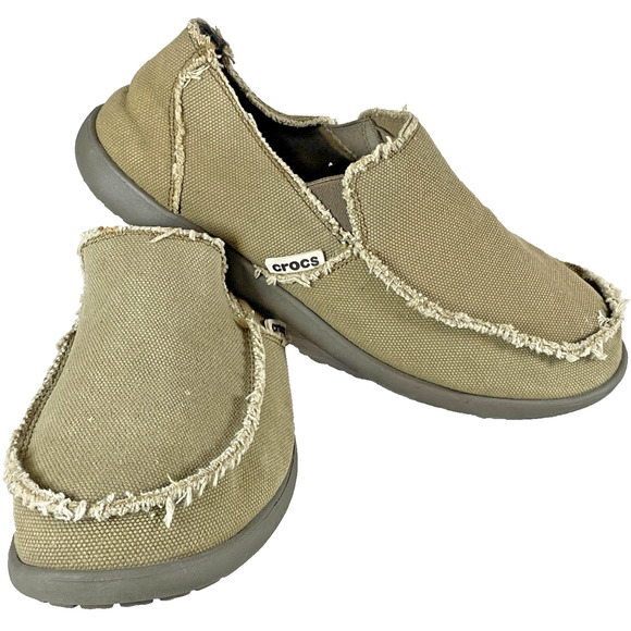 Crocs Santa Cruz Loafers Men Size 11 Canvas Slip On Comfort Boat Shoes Tan Khaki - Picture 1 of 11